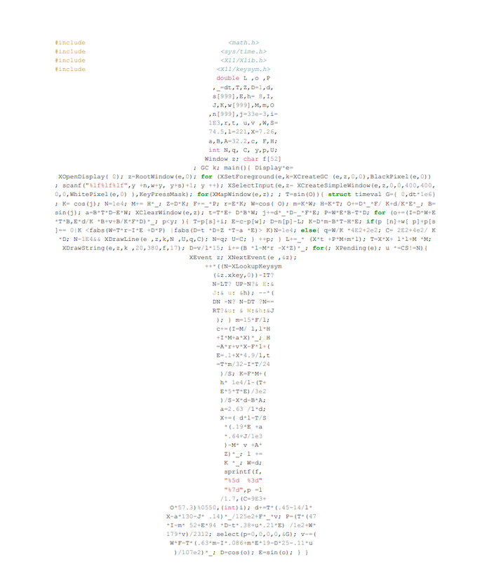 Flight Simulator - The winner of 1998 International Obfuscated C Code Contest (IOCCC)